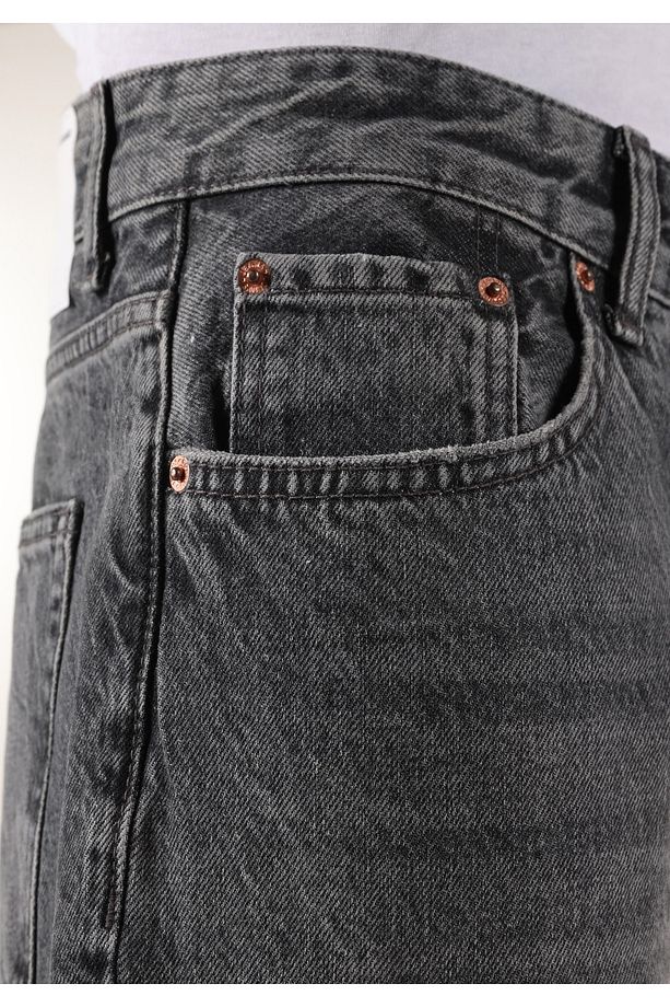 Loose Relaxed Fit Drop Crotch Kısa Paça Erkek Gri Jean Pantolon - 7