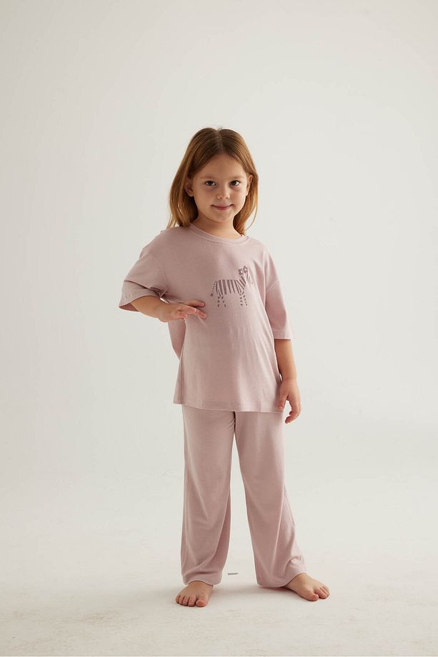 Kız Çocuk Viskon Kısa Kollu Uzun Pijama Takımı - 4