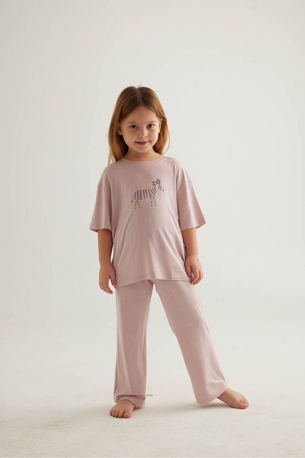 Kız Çocuk Viskon Kısa Kollu Uzun Pijama Takımı - 1