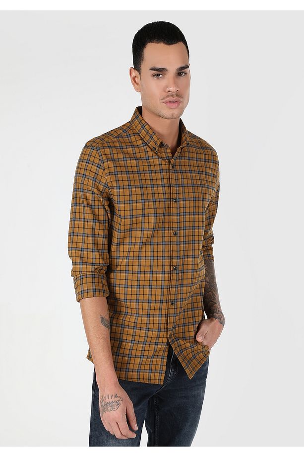 Slim Fit Kareli Sarı Erkek Uzun Kol Gömlek Cl1061023 - 1