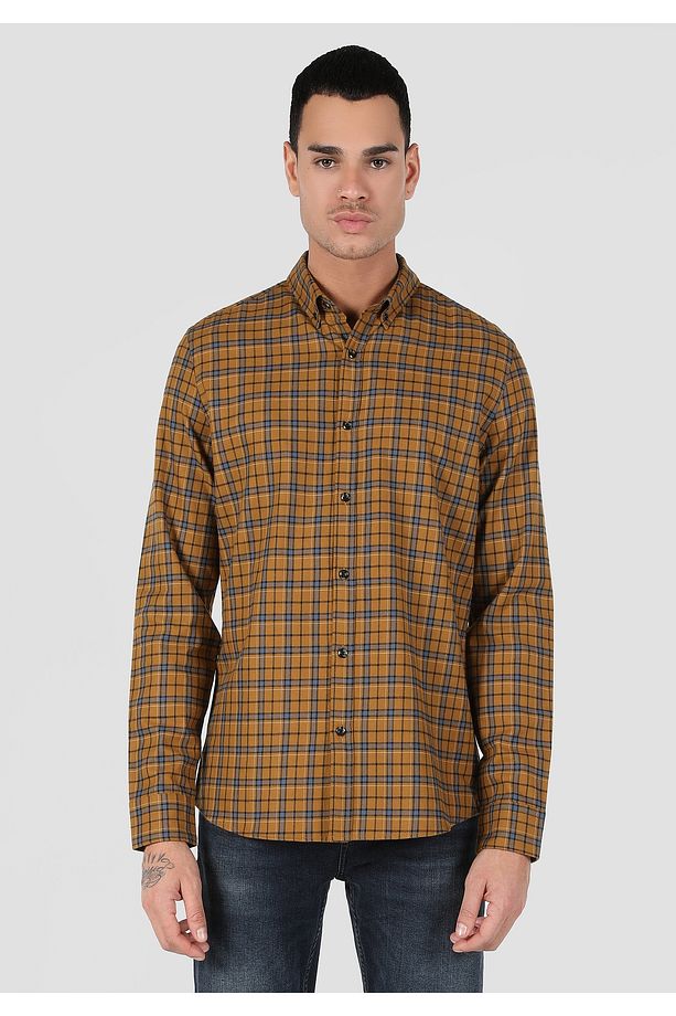 Slim Fit Kareli Sarı Erkek Uzun Kol Gömlek Cl1061023 - 4