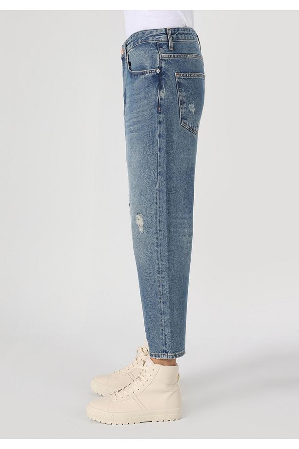 Loose Relaxed Fit Drop Crotch Kısa Paça Erkek Indigo Jean Pantolon - 6