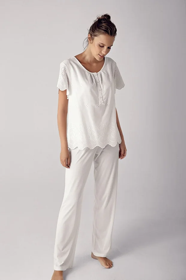 Ekru Pamuklu Vual Lohusa Pijama Takım-10215 - 1