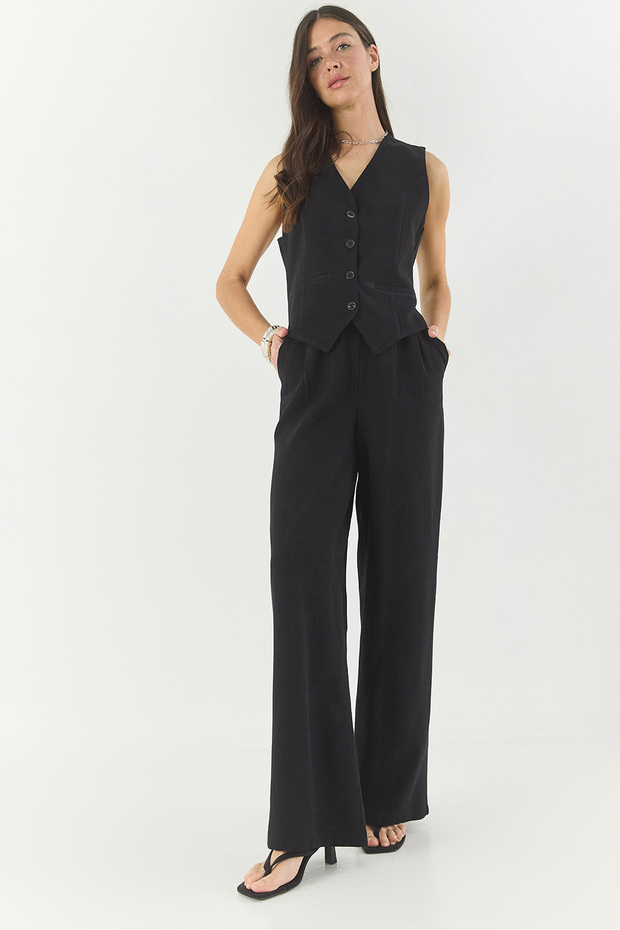 Women's Black High Waist Pants and Vest Top-Down Set 9257 60281047