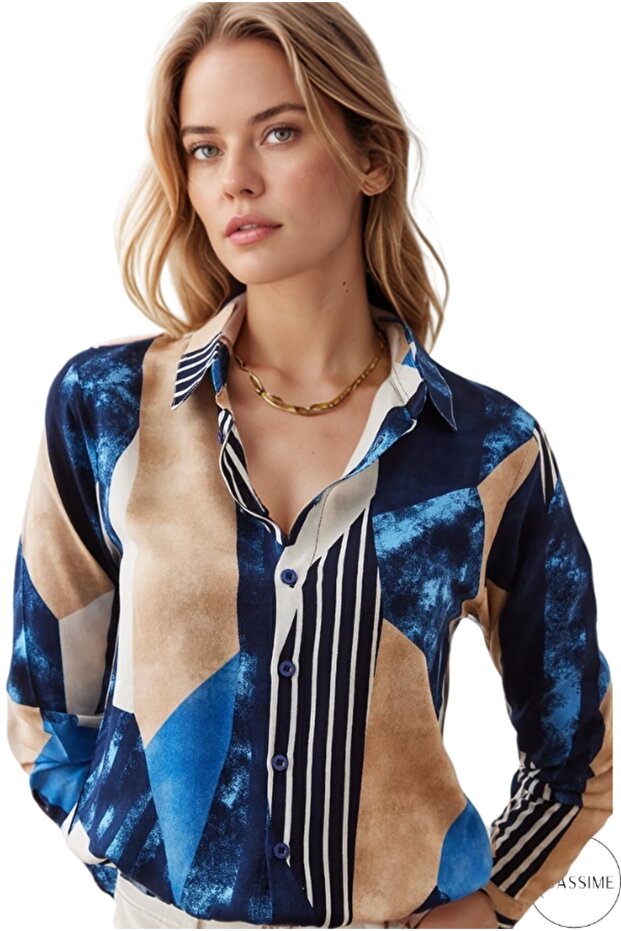 Women's Navy Blue Cream Geometric Patterned Viscose Long Sleeve Shirt - Plus Size L-XL-2XL-3XL