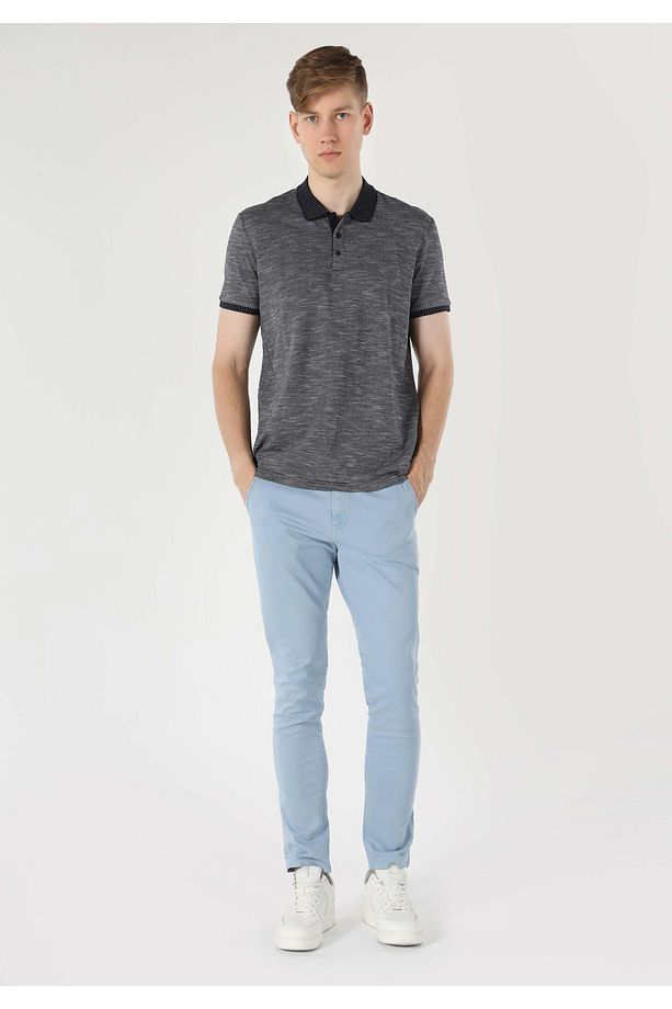 Regular Fit Polo Yaka Jakarlı Erkek Lacivert Kısa Kol Tişört - 3