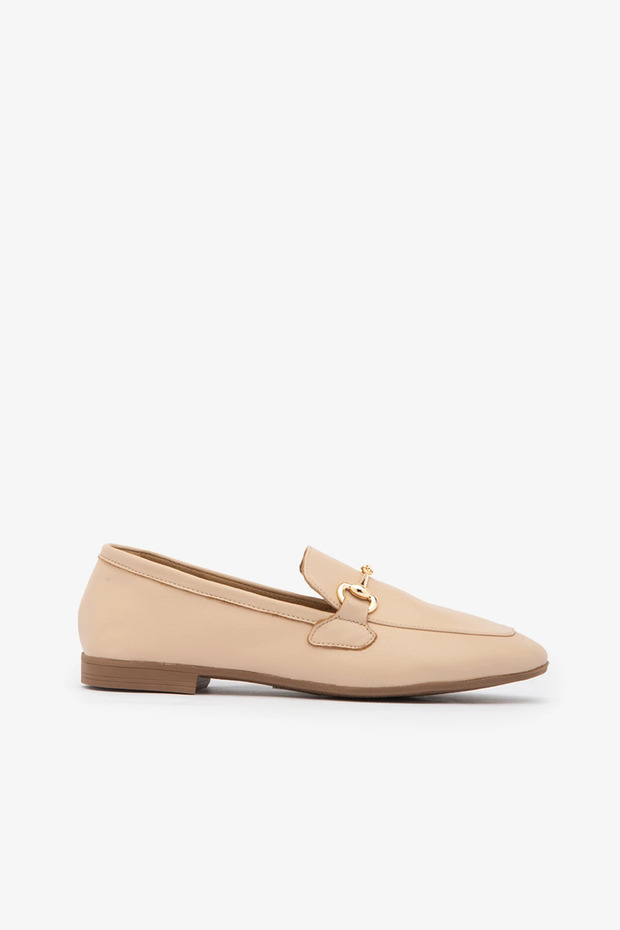Beige Genuine Leather Chain Buckle Women's Loafer