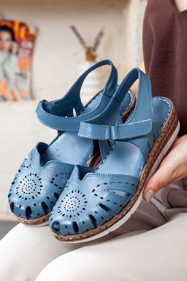 Women's Genuine Leather Orthopedic Closed-Toe Blue Sandals