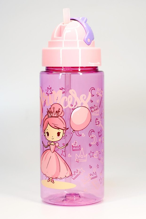 Children Water Flask Tritan Water Bottle with Straw Neck Strap Princess School Water Bottle Bpa-Free 500ml Purple T0107