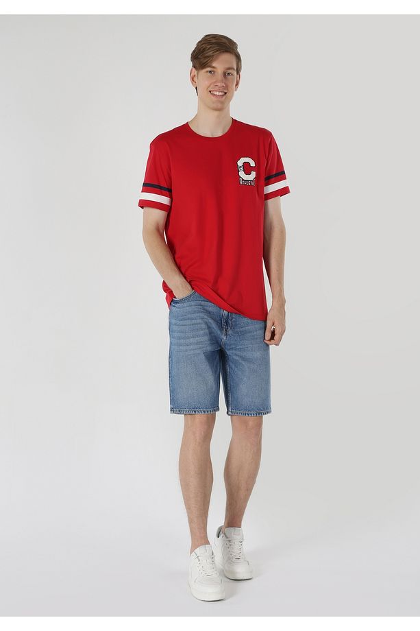 Regular Fit Bisiklet Yaka Baskılı Kırmızı Erkek Kısa Kol Tişört - 3
