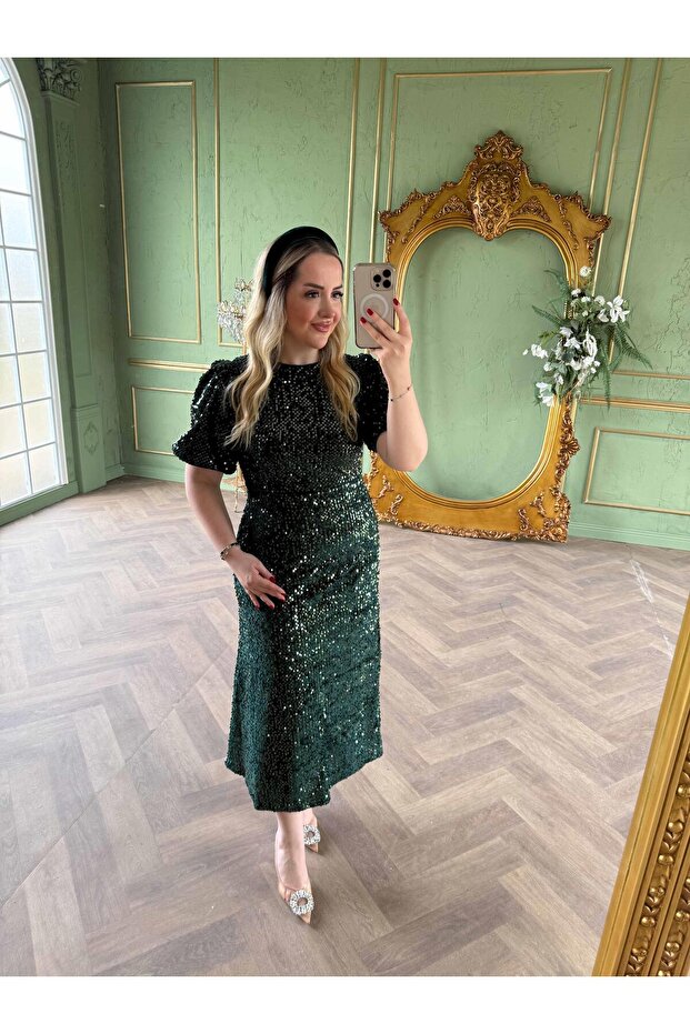 Sandra Payet Balon Kol Midi Tasarım Payet Elbise Zümrüt - 1