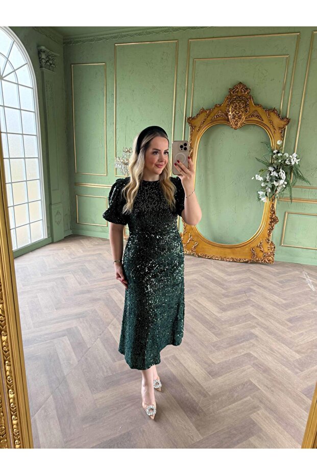 Sandra Payet Balon Kol Midi Tasarım Payet Elbise Zümrüt - 5