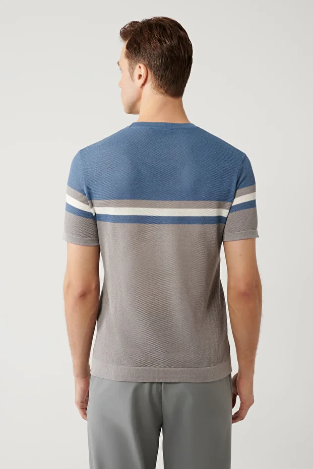 Erkek Indigo Soft Touch Bisiklet Yaka Blok Renkli Dokulu Modal Triko T-shirt A41y5012 - 4