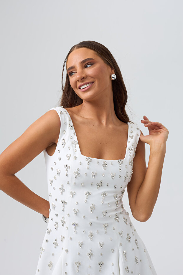 Parlak Taşlı Mini Volanlı Elbise - 3