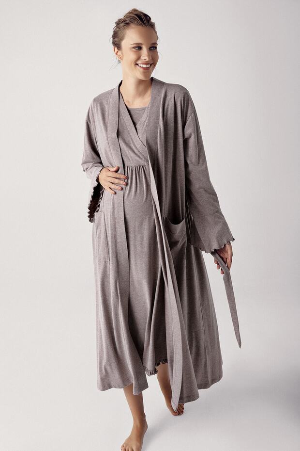 Women's Long Sleeve Cotton Flexible Maternity Dressing Gown Nightgown Set 13400