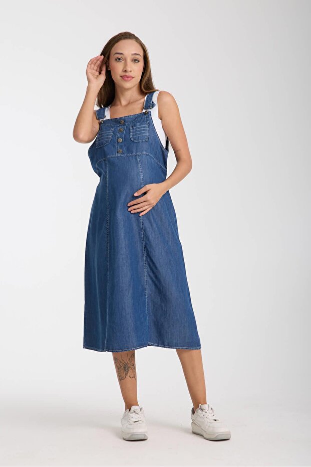 Işşil 4560-Lyocell Strap Maternity Gardener Midi Dress
