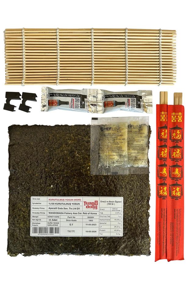 Sushi Seti zenc, 5 Yaprak Yosun, Sushi Matı, Chopstick, Soya Sosu, Zencefil Turşusu, Tutma Aparatı - 1