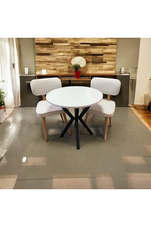 Bambeds Mobilya 70x70 Beyaz Yuvarlak Balkon Masa Ahtapot Ayak Ahşap Sandalye 2 Adet - 2