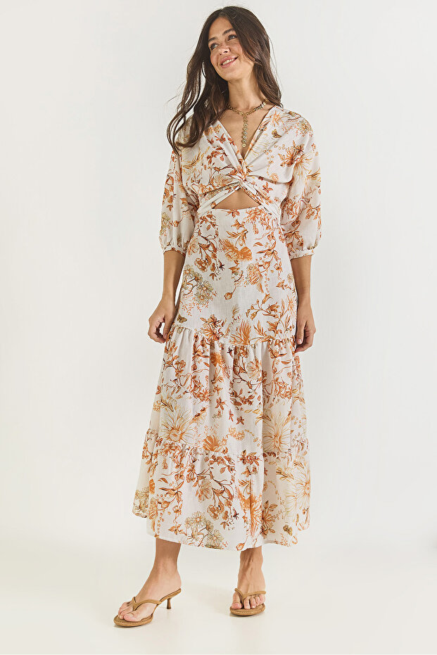 Women's Orange Window Detailed Patterned Long Linen Dress 3025 60283273