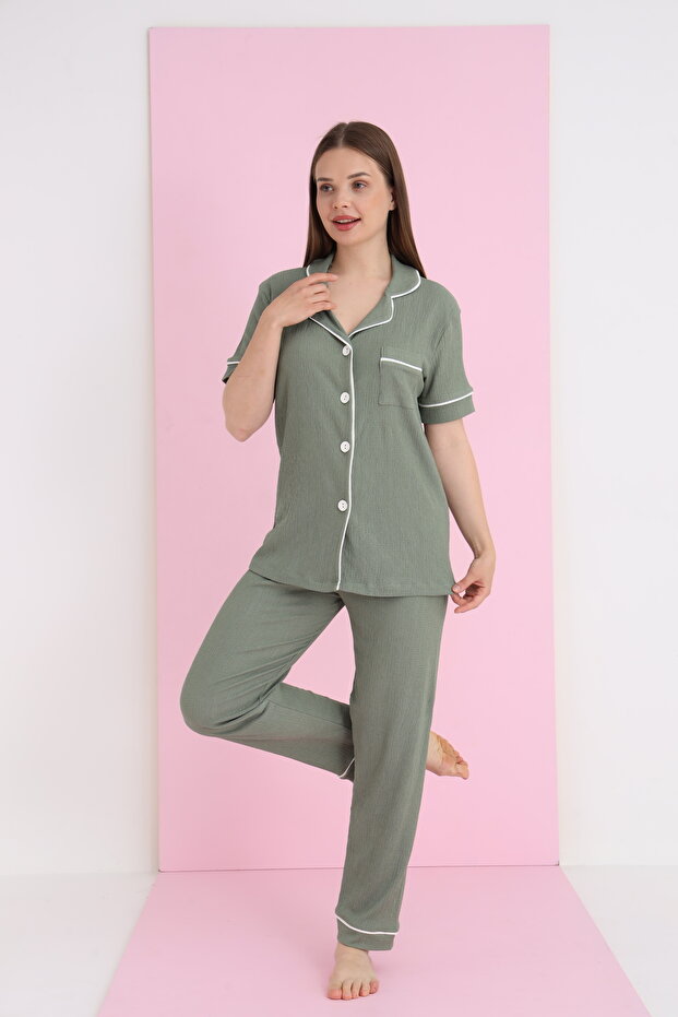 Crinkled Arabic-patterned Buttoned Pajama Set - 2