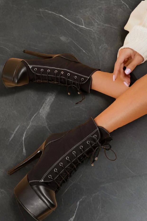 Kadın Bağcıklı Platform Topuklu Bot Yüksek Taban Şık Kumaş Model Allstar - 3