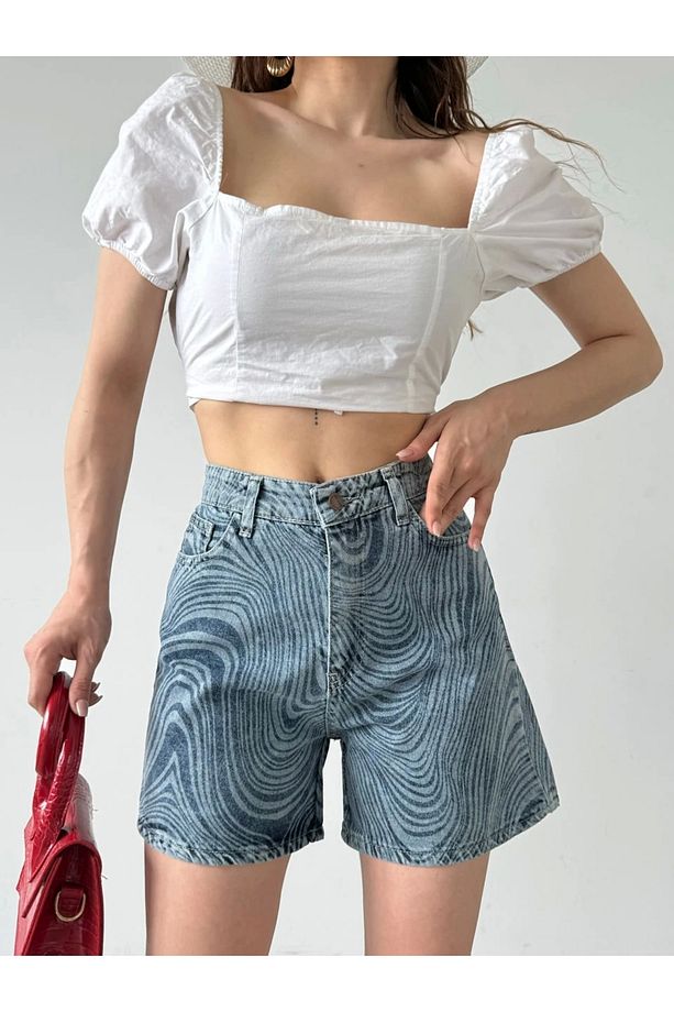 Desenli Denim Şort - 3