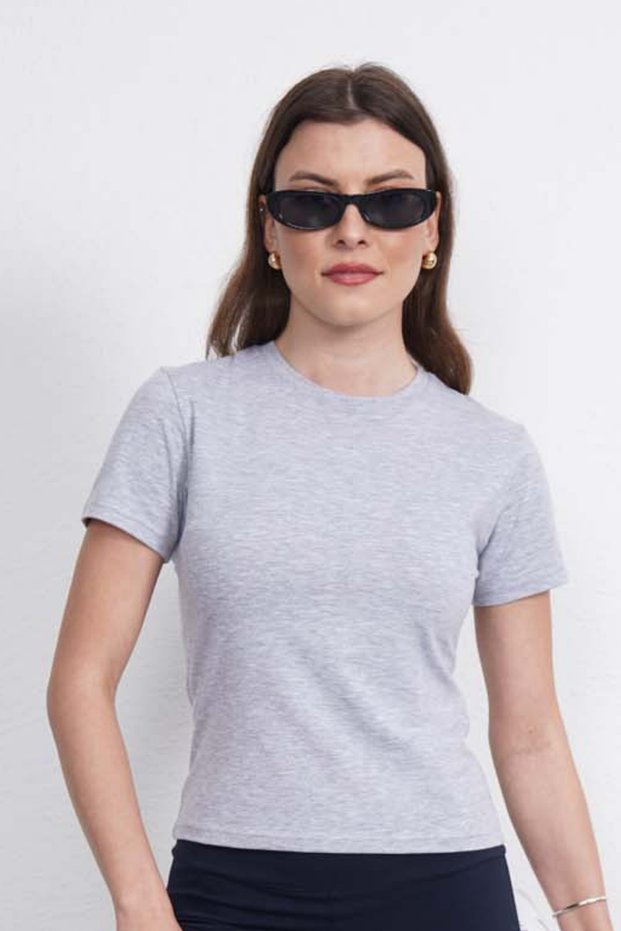 Crop Slim Fit Cotton Lycra T-Shirt-Gray Melange