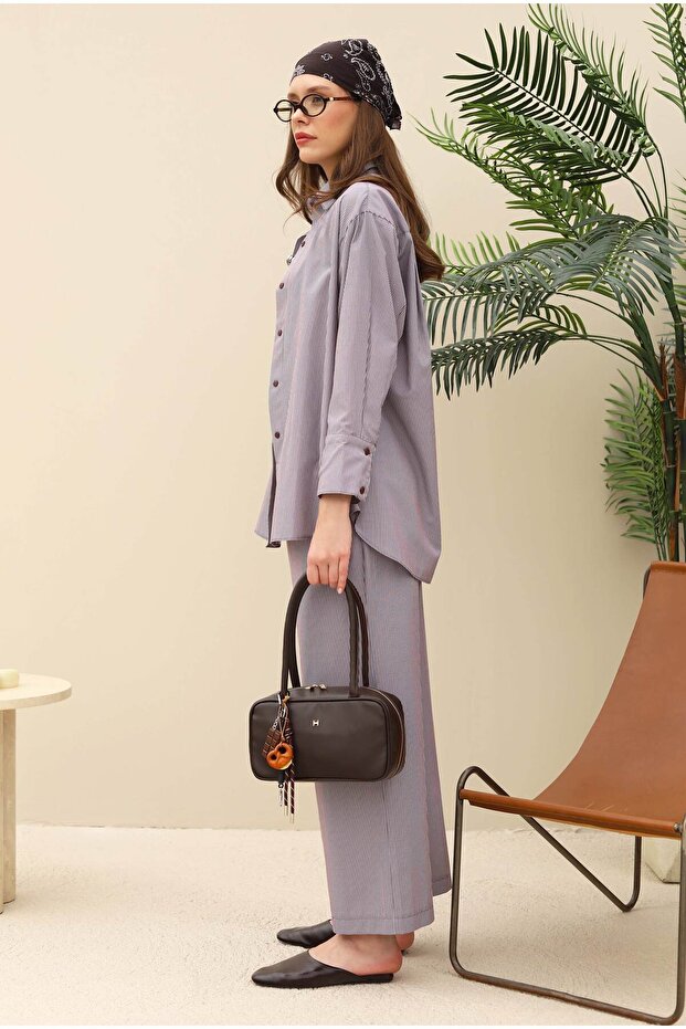 İnce Çizgili Basic Gömlek Kahve - 3