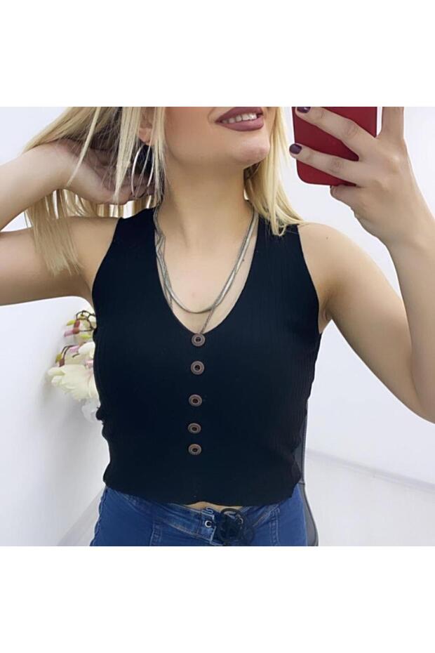 Black Lycra Fit Button Detailed Knitwear Women's Crop Blouse