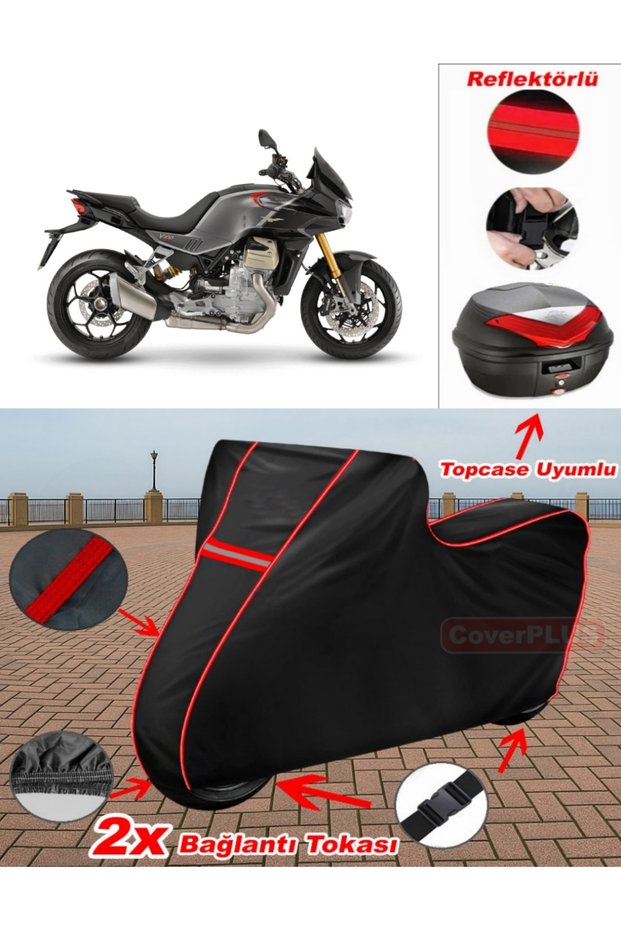 Moto Guzzi V100 Mandello S Tarpaulin Black Topcase Rear Bag Compatible Motor Tarpaulin (Red Stitched)