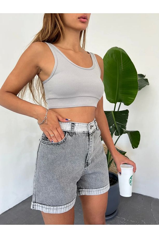 Duble Paça Yıkamalı Denim Şort - 2