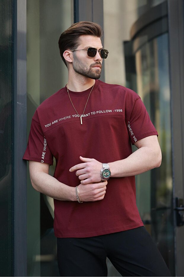 Bordo Bisiklet Yaka Baskılı Basic Tişört E7156 - 3