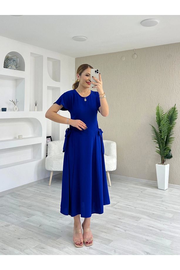Yan Bağlama Detay Ayrobin Elbise Saks Mavi - 2