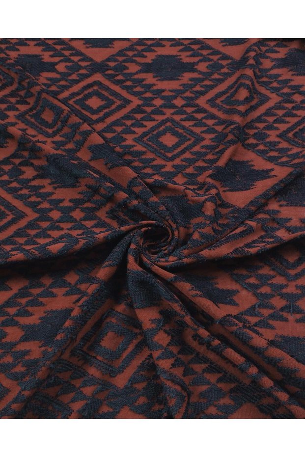 Claret Red Navy Blue Ethnic Patterned Single Jersey Combed Cotton - 140 cm