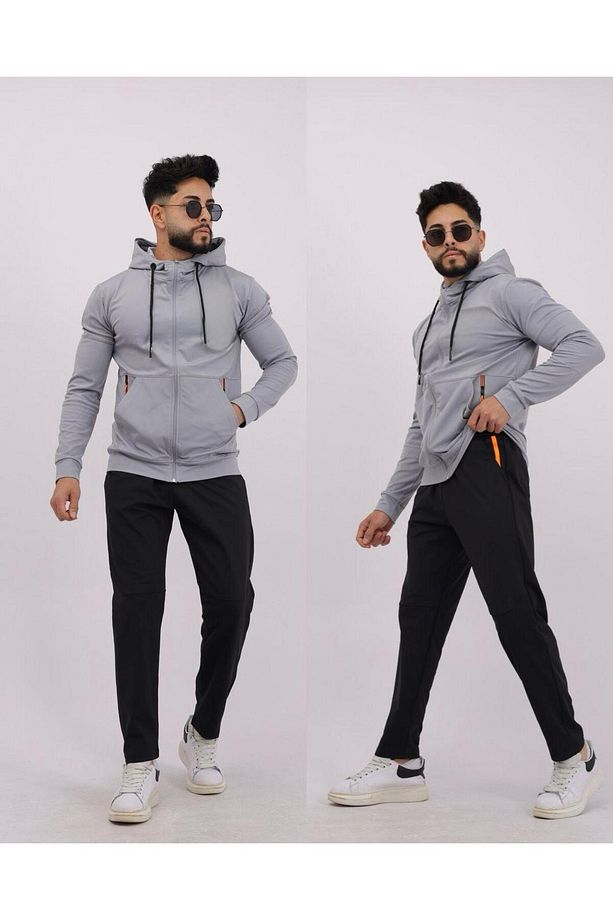 Dalgıç kumaş polyester kapşonlu cep fermuar detaylı erkek eşofman takım - 1