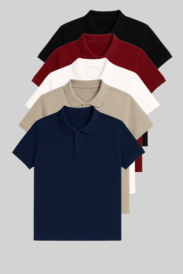 Erkek 5'li Paket Siyah-Bordo-Beyaz-Gri-Mavi Slim Fit %100 Pamuk Polo Yaka Tişört - 1