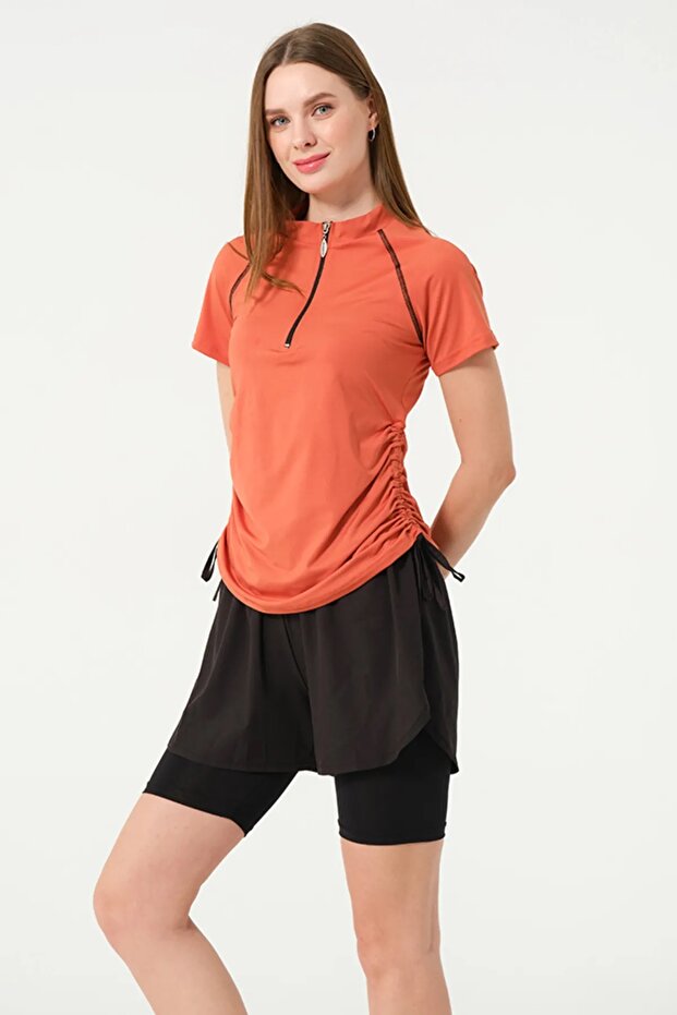 Short Sleeve Half Zip Quick Dry Fabric Shorts Women's Semi-Covered Swimsuit with Leggings
