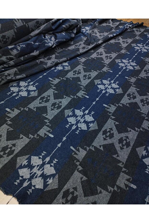 Knitted Soft Towel with Ethnic Motif in Navy Blue Gray Anthracite Colors Width: 150 cm