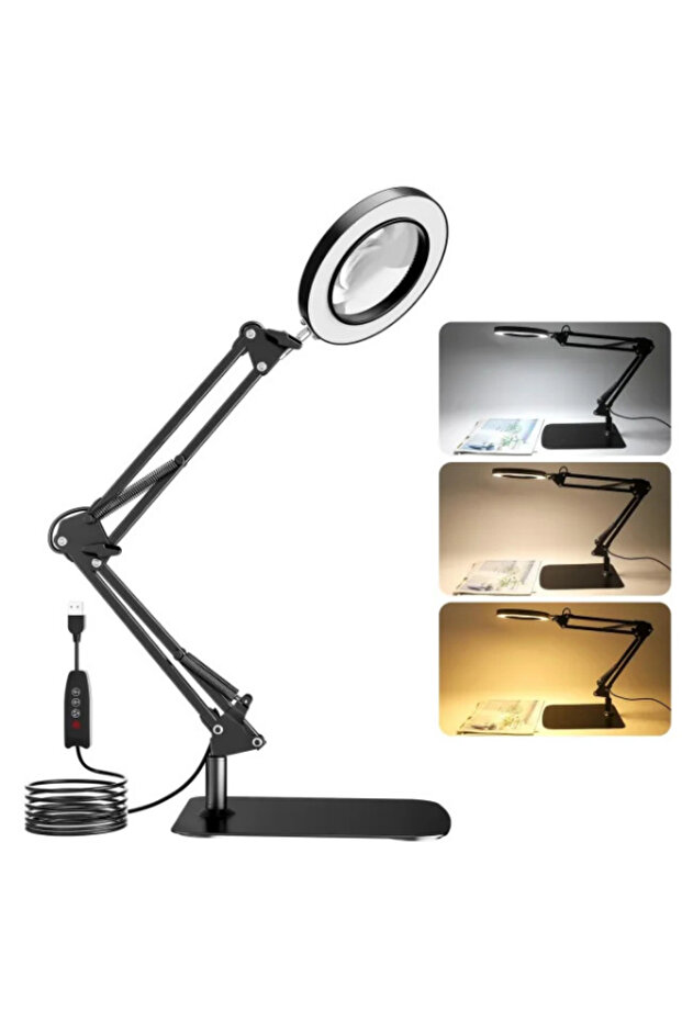 3 Renk Modlu Kısılabilir LED Büyüteçli Masa Lambası – Okuma, El İşi, Tamir ve Hobi Işığı - 4