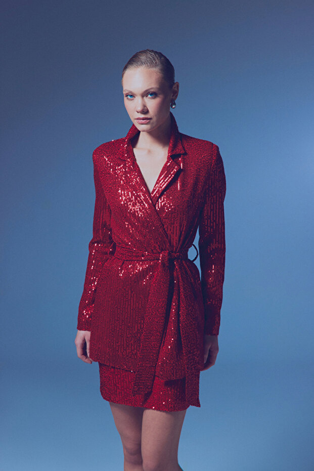 Belted Sequin Jacket - Red - 5