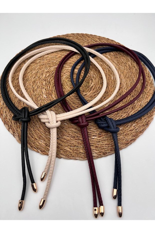 Set of 4 (Black, Beige, Claret Red, Navy) Knot Detailed Cord Belt, Dress Belt, Jacket Belt, Women's Belt