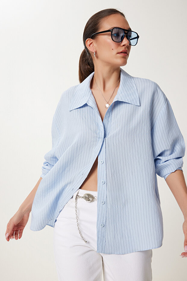 Striped Flowy Viscose Shirt Sky Blue Lcr0074