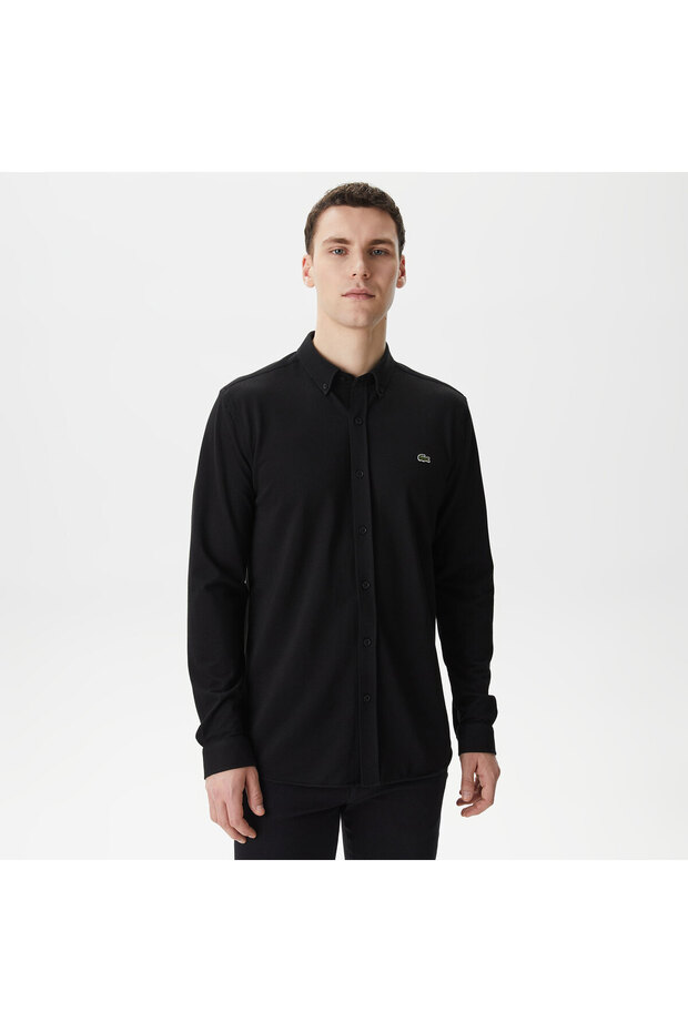 Erkek Slim Fit Düğmeli Yaka Siyah Gömlek - 1