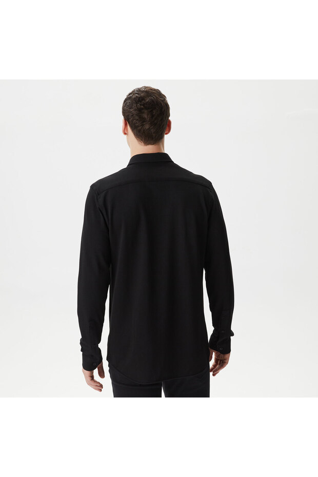Erkek Slim Fit Düğmeli Yaka Siyah Gömlek - 2