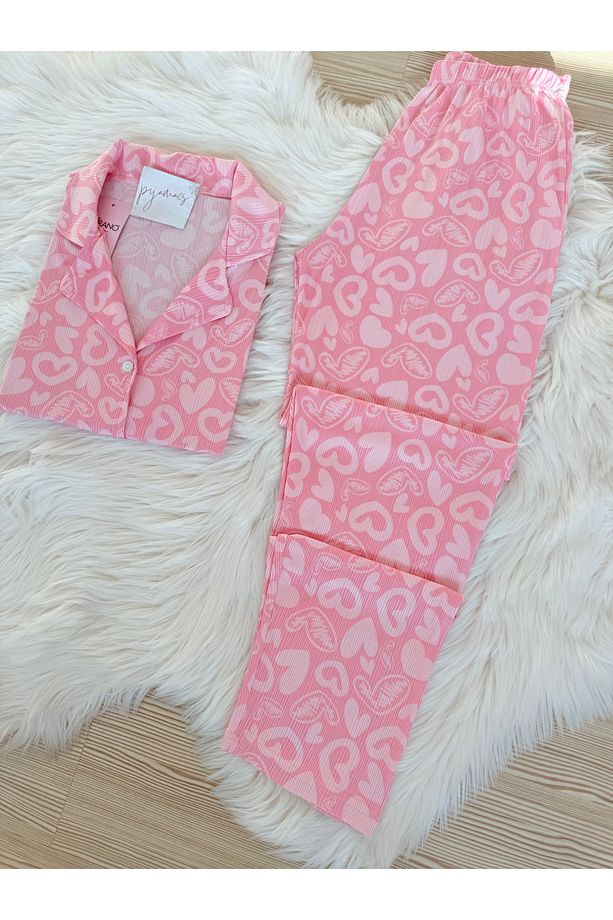 Açık Pembe Kalp Desenli Pegasus Kısa Kol Pijama Takımı - 5