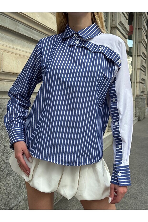 Dámska pásikavá blúzka so zapínaním na golier so špeciálnym dizajnom nadrozmerná bavlnená zakrivená elegantná košeľa - 5