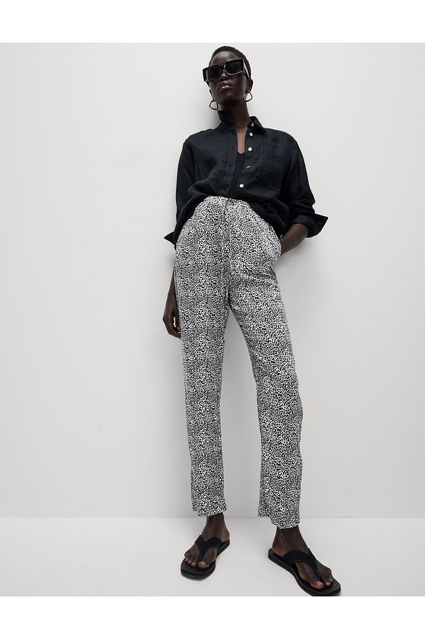%100 Twill Pamuklu Desenli Yüksek Bel Dar Paça Pantolon - 1