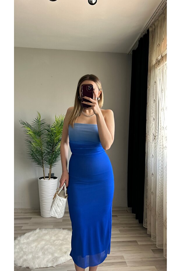 Renk Geçişli Straplez Midi Elbise - 2