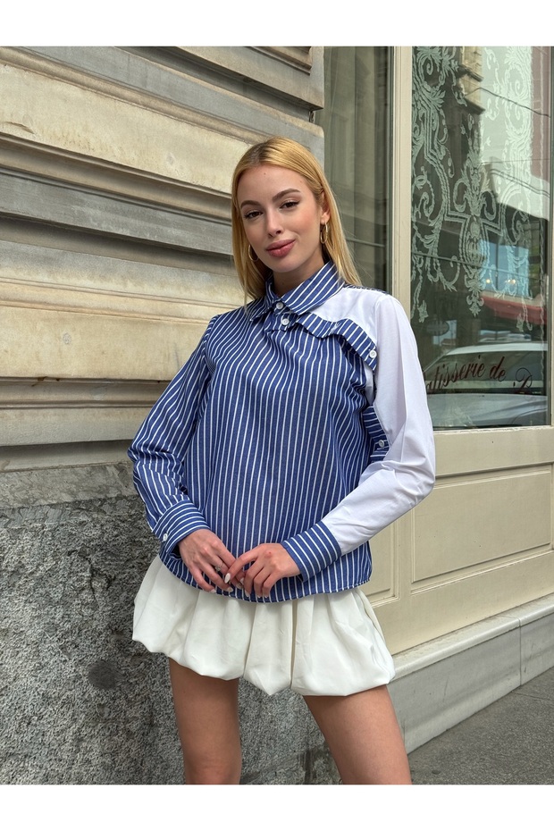 Dámska pásikavá blúzka so zapínaním na golier so špeciálnym dizajnom nadrozmerná bavlnená zakrivená elegantná košeľa - 1