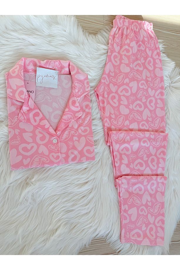 Açık Pembe Kalp Desenli Pegasus Kısa Kol Pijama Takımı - 3